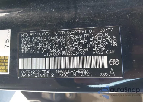 2008 Toyota Prius из США, поврежденный, VIN JTDKB20U983303192